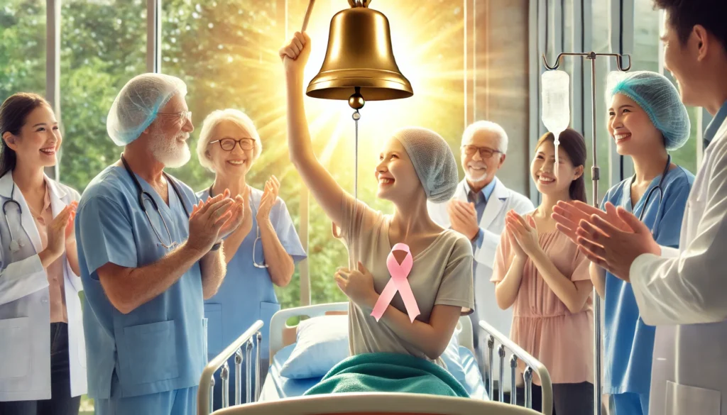 Emotional moment of a cancer survivor ringing a bell in a modern hospital, surrounded by joyful healthcare workers, symbolizing the end of treatment and a hopeful future.