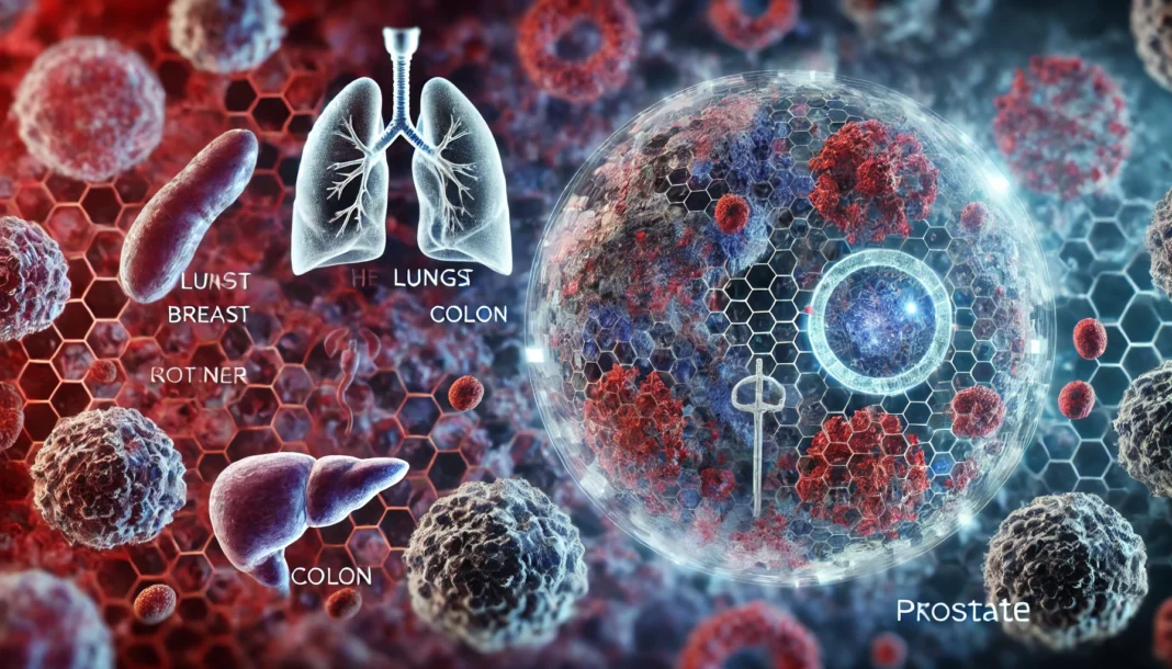Microscopic view of cancer cells with glowing areas representing lung, breast, colon, and prostate cancers, illustrating cellular-level insights into America’s most prevalent cancers.