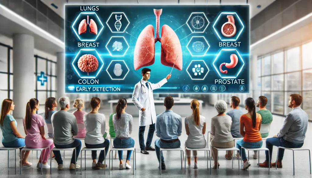 Doctor presenting cancer prevention data on a futuristic touchscreen display showing 3D icons of lungs, breast, colon, and prostate to a group of diverse patients, symbolizing early detection and education.