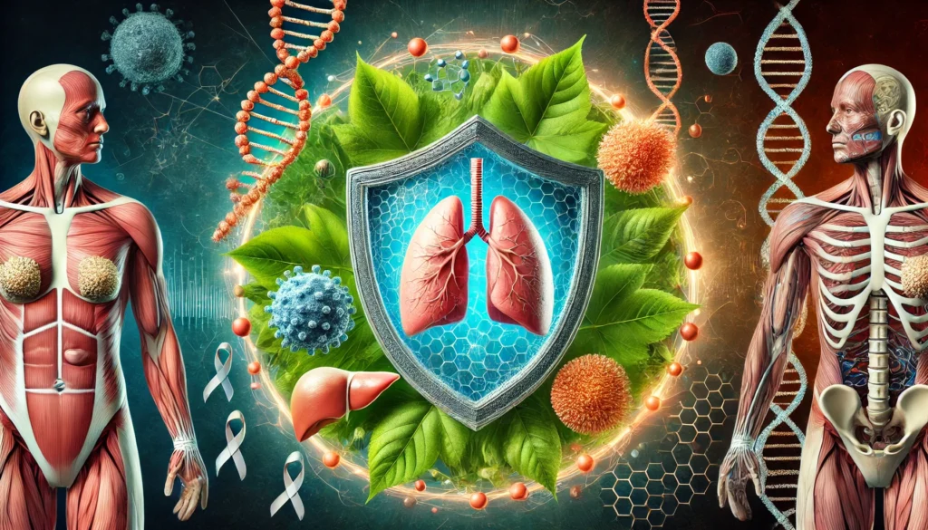 Symbolic medical shield made from leaves, DNA strands, and molecules, protecting human organs from cancer cells, representing the power of prevention and immunity against top U.S. cancers.