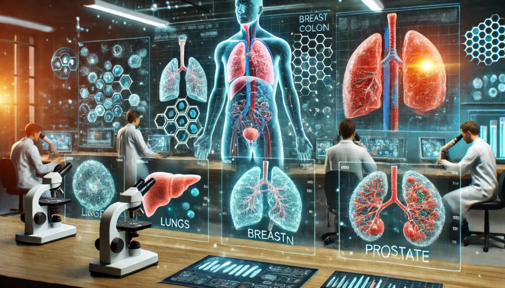 Futuristic oncology research lab with scientists analyzing glowing 3D holograms of lungs, breast, colon, and prostate, symbolizing advanced research on America’s most common cancers.