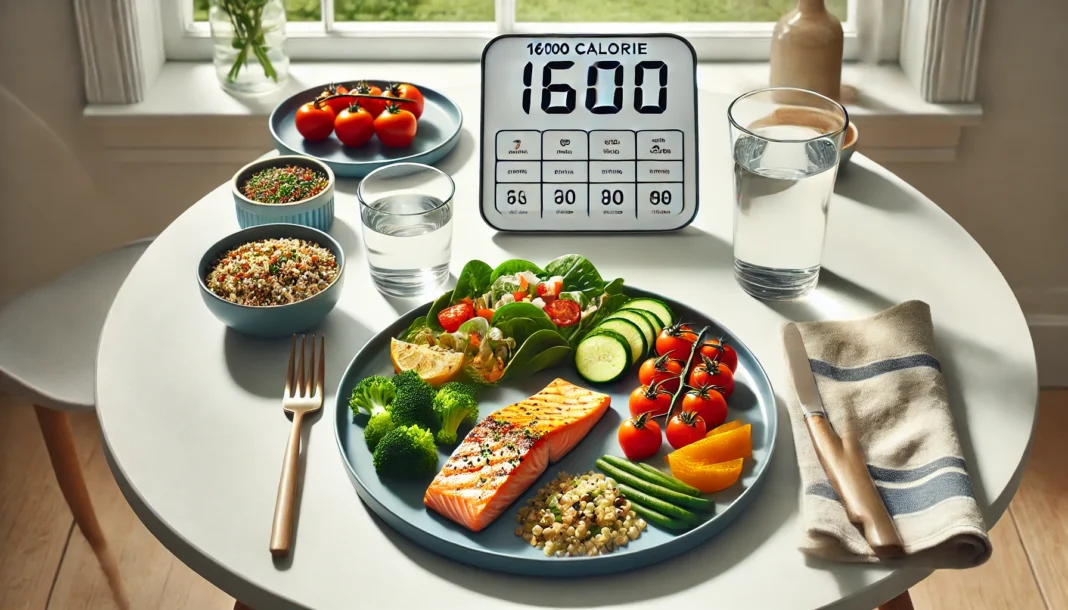 Colorful 1600 calorie meal featuring grilled salmon, quinoa, roasted vegetables, and mixed greens on a clean modern kitchen table.
