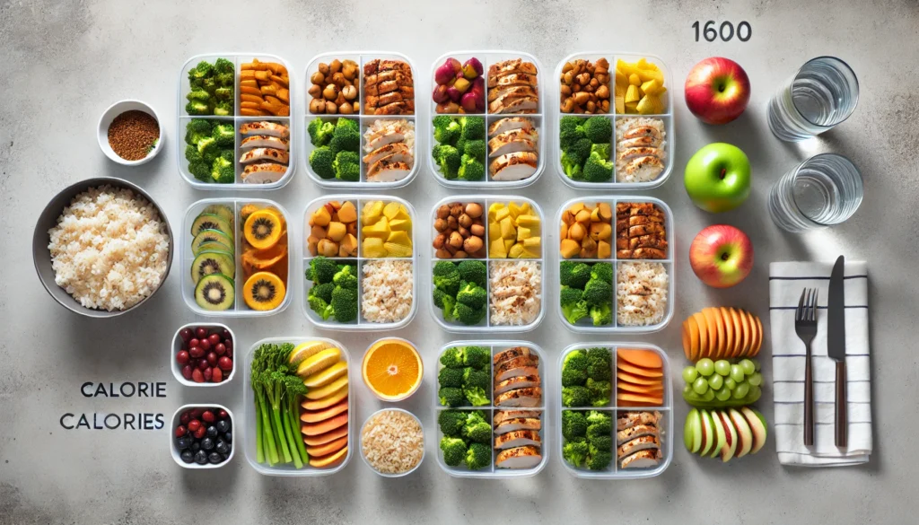 Top-down view of healthy 1600 calorie meal prep with portioned containers filled with grilled chicken, brown rice, steamed broccoli, and fresh fruit.