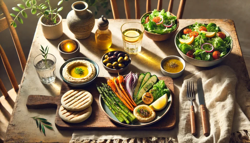 Mediterranean-style 1600 calorie meal with hummus, grilled vegetables, whole grain pita, olives, and salad on a cozy home dining table.