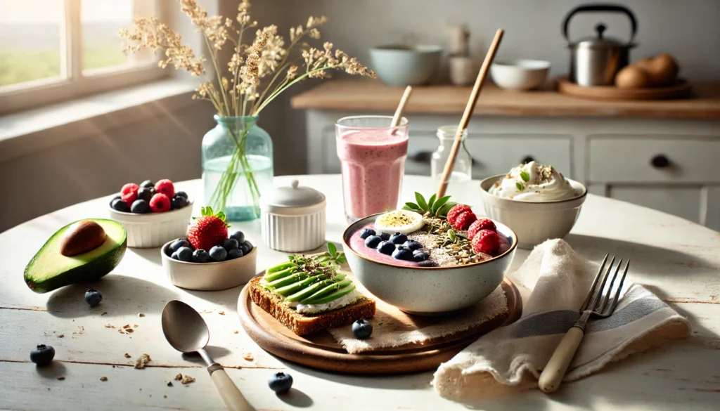 Healthy 1600 calorie breakfast setup with a smoothie bowl, avocado toast, and Greek yogurt in a bright, minimalist kitchen.
