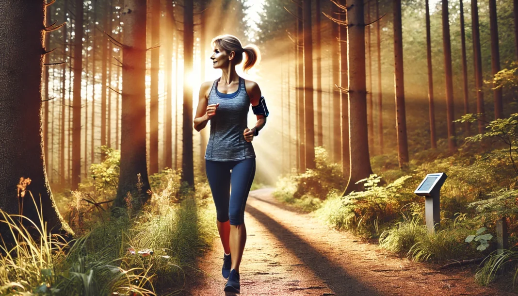 Middle-aged woman jogging through a sunlit forest trail at sunrise, symbolizing natural cardiovascular exercise for lowering blood pressure.
