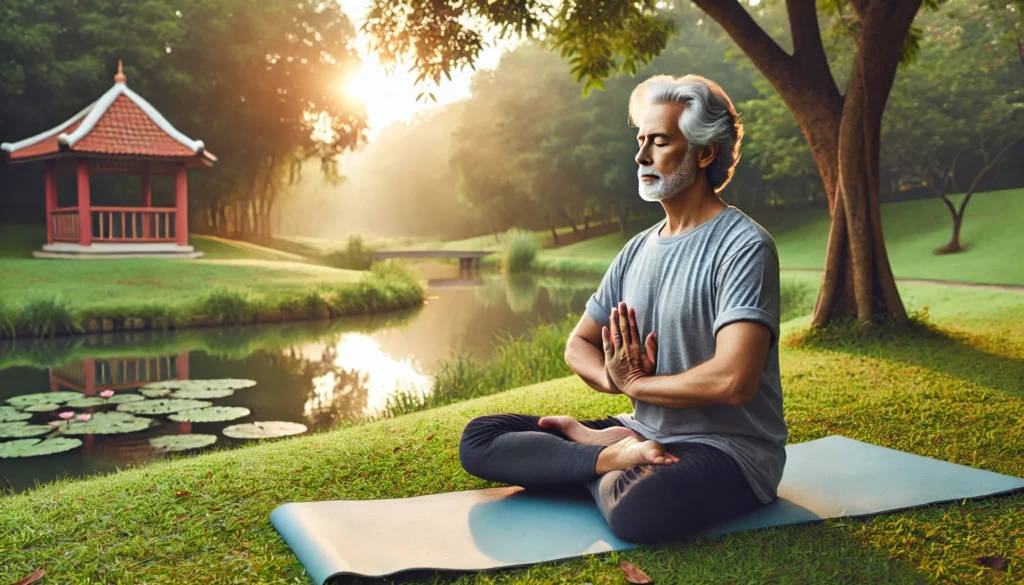 Senior man practicing yoga beside a peaceful pond in a sunlit park, illustrating gentle physical activity to manage hypertension safely.