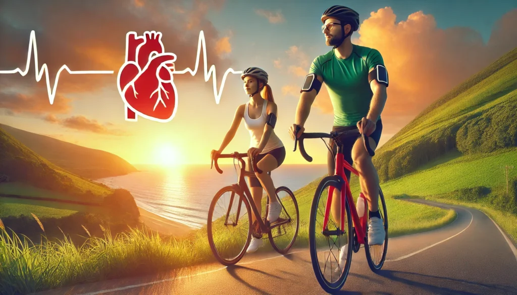 Man and woman cycling along a scenic coastal road at sunset, showcasing outdoor heart-healthy exercise to support lower blood pressure.