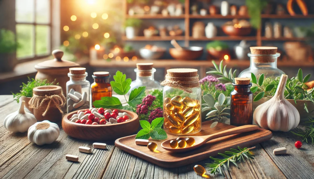 Natural supplements on a wooden table including garlic, hawthorn berries, fish oil capsules, and leafy herbs, representing science-backed options for managing high blood pressure.