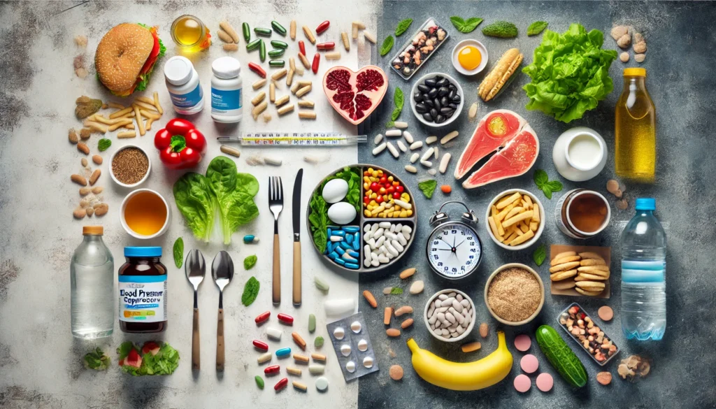 Split-screen visual comparing effective supplements like magnesium and potassium with healthy food on one side, and ineffective pills next to junk food on the other.