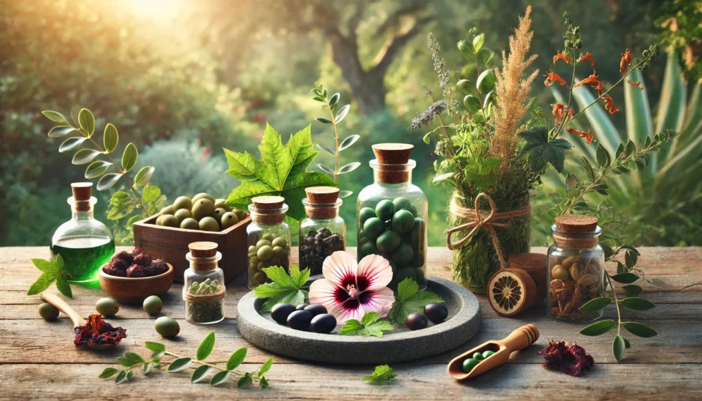 Outdoor nature-inspired display of herbal blood pressure supplements like hibiscus, olive leaf, and grape seed extract on stone platters with green foliage and soft morning light.