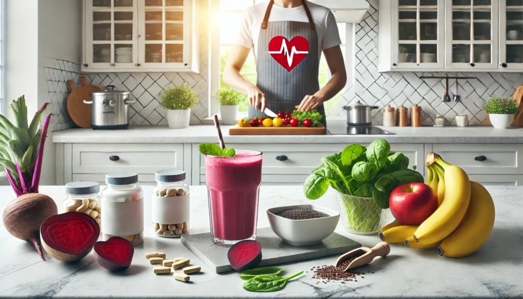 Person preparing a heart-healthy smoothie in a modern kitchen using blood pressure-friendly ingredients like beetroot, spinach, banana, and flaxseeds, with supplements also visible on the counter.