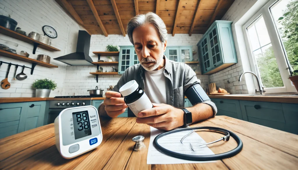 Middle-aged person at home examining an over-the-counter pill bottle next to a digital blood pressure monitor, seated in a cozy kitchen setting, suggesting self-managed blood pressure care.