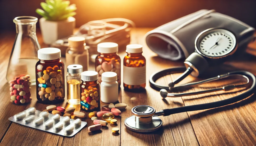 Close-up of various OTC pills and natural supplements on a wooden table with a blood pressure cuff and stethoscope in the background, illustrating home-based hypertension remedies.