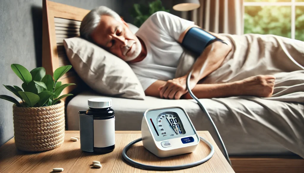 Senior individual resting peacefully in a calm bedroom with a blood pressure monitor and supplement bottle on a nightstand, symbolizing rest as part of non-prescription blood pressure management.