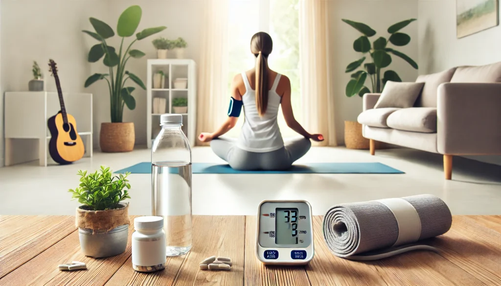 Adult meditating on a yoga mat in a bright, minimal living room with supplements, a water bottle, and a digital blood pressure monitor nearby, reflecting holistic strategies for hypertension control.