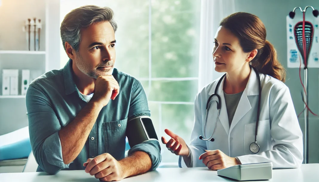 Middle-aged man thoughtfully consulting with a female doctor in a bright, modern medical office, symbolizing a professional discussion about safely tapering off blood pressure medication.