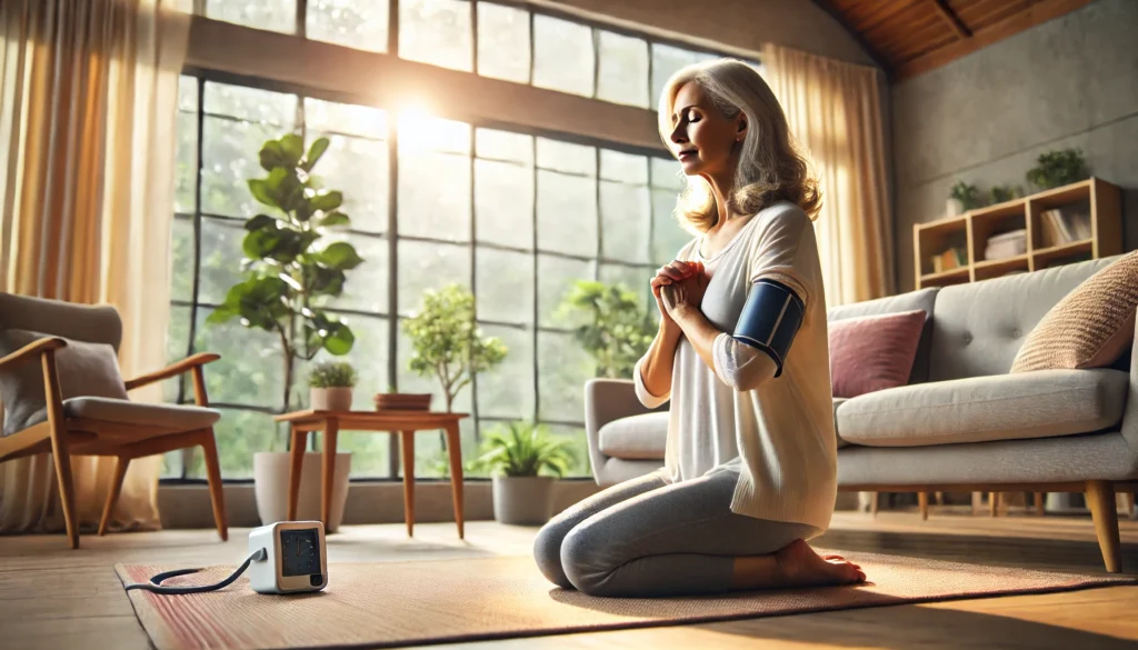 Senior woman performing gentle yoga in a peaceful living room filled with natural light and plants, reflecting natural lifestyle changes to support blood pressure management without medication.