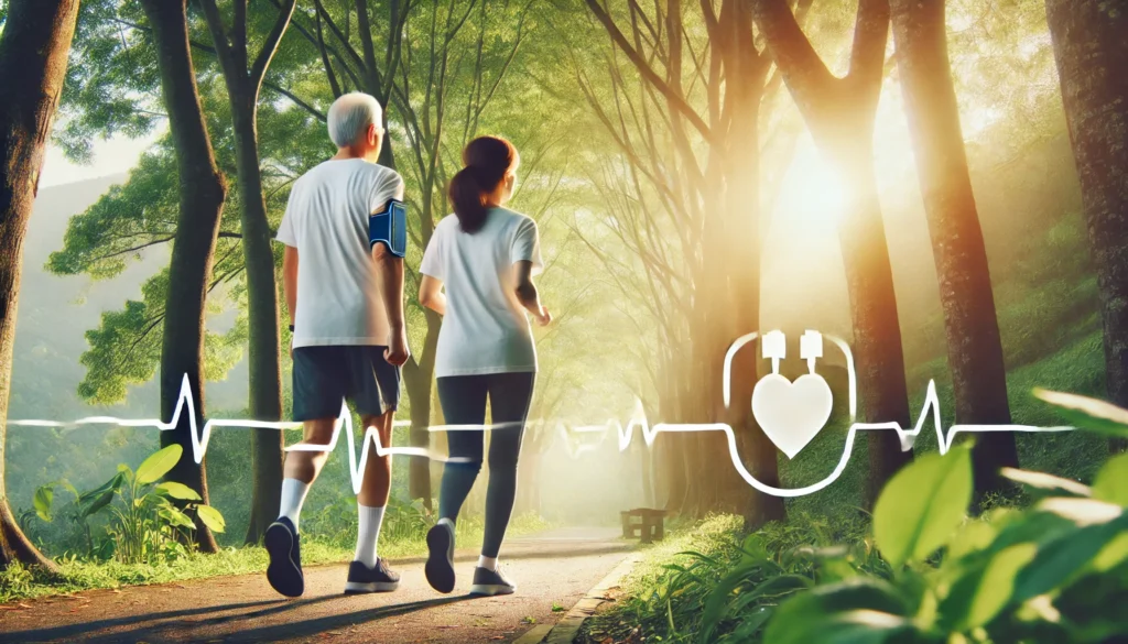 Middle-aged couple brisk walking on a scenic outdoor trail surrounded by greenery and sunlight, representing exercise as a natural way to maintain healthy blood pressure.