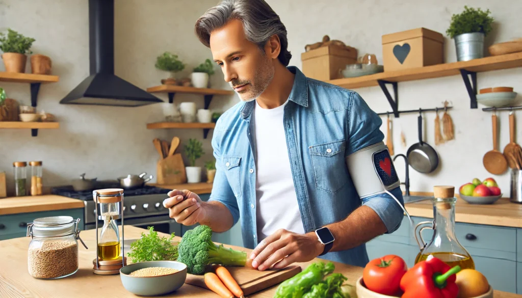 Mature man preparing a nutritious meal with vegetables and whole foods in a bright, modern kitchen, illustrating dietary strategies for reducing dependence on hypertension drugs.