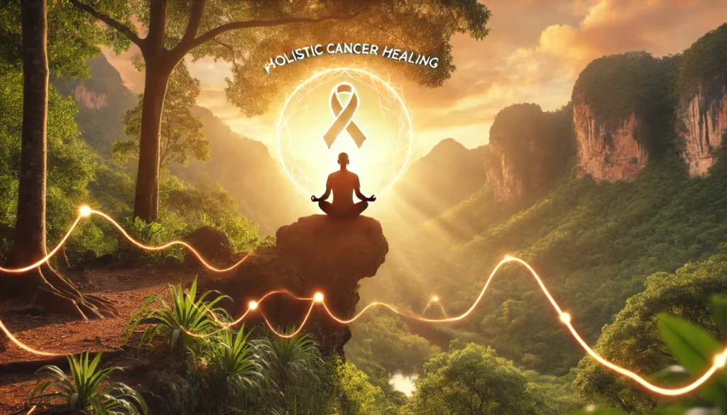 A person meditating on a mountain cliff at sunrise, surrounded by lush greenery and subtle glowing energy lines, symbolizing holistic healing and natural cancer recovery.