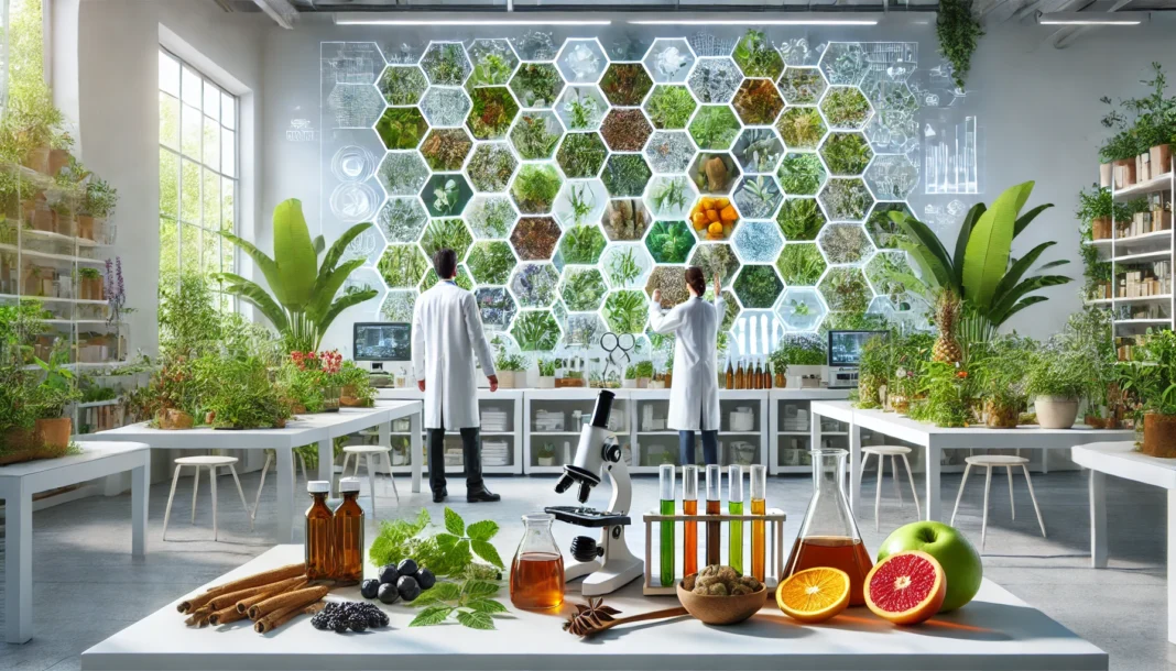 A bright modern natural medicine lab with scientists analyzing herbs, mushrooms, and plant extracts, representing scientific research into natural cancer treatments.