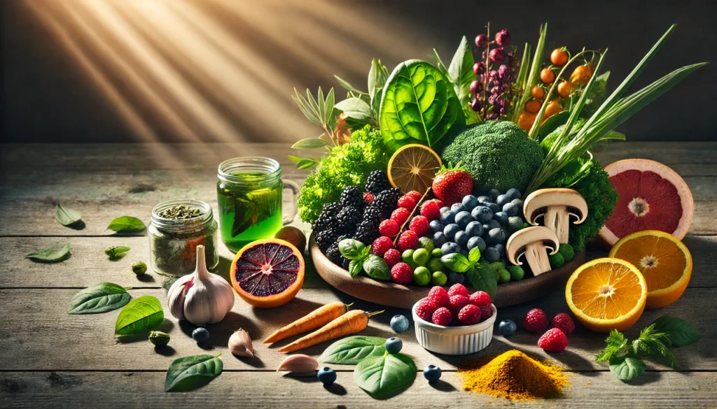 A colorful still life of cancer-fighting natural foods including berries, leafy greens, turmeric, garlic, mushrooms, and green tea on a rustic wooden table with natural light.