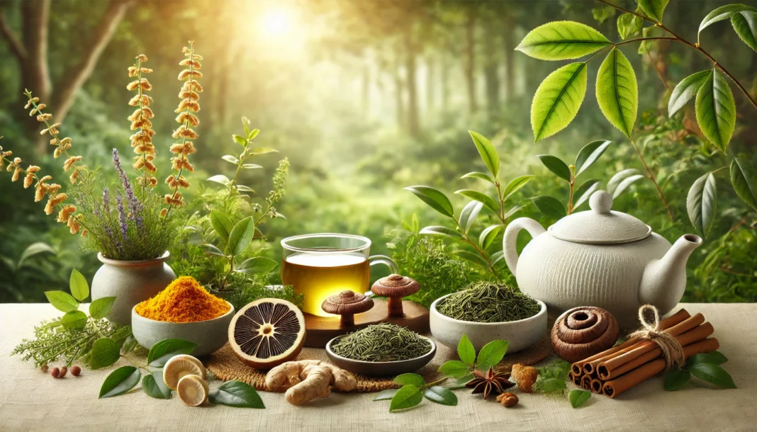 A serene garden setting featuring turmeric roots, green tea leaves, and reishi mushrooms arranged naturally under soft sunlight, symbolizing herbal approaches in leukemia support.