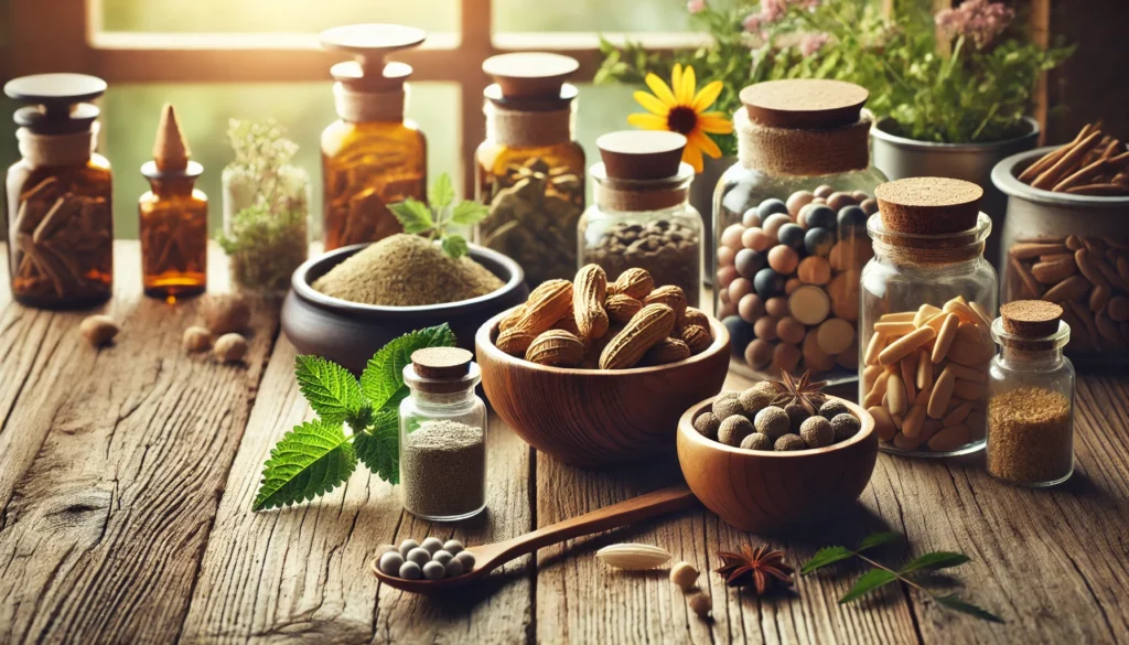 A rustic natural apothecary with wooden bowls and glass jars filled with ashwagandha, astragalus, and echinacea, representing traditional herbal remedies used in alternative cancer treatments.