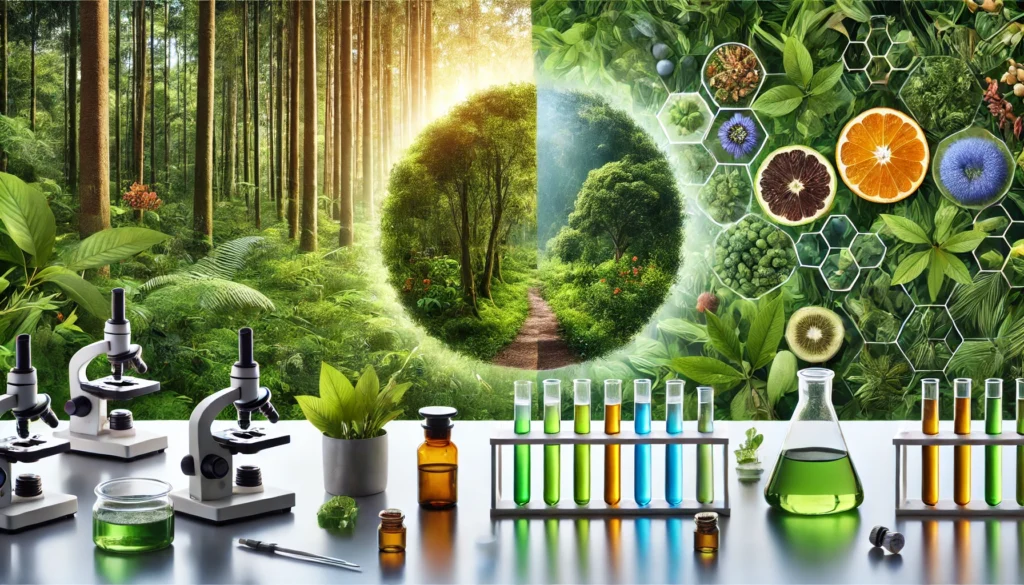 A symbolic fusion of nature and science, showing a lush forest transitioning into a modern research lab with microscopes and herbal samples, reflecting integrative leukemia therapy.