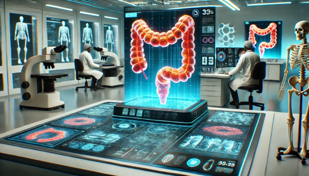 High-tech laboratory with scientists using AI diagnostic tools to analyze colon tissue samples, showcasing cutting-edge precision medicine in bowel cancer research.