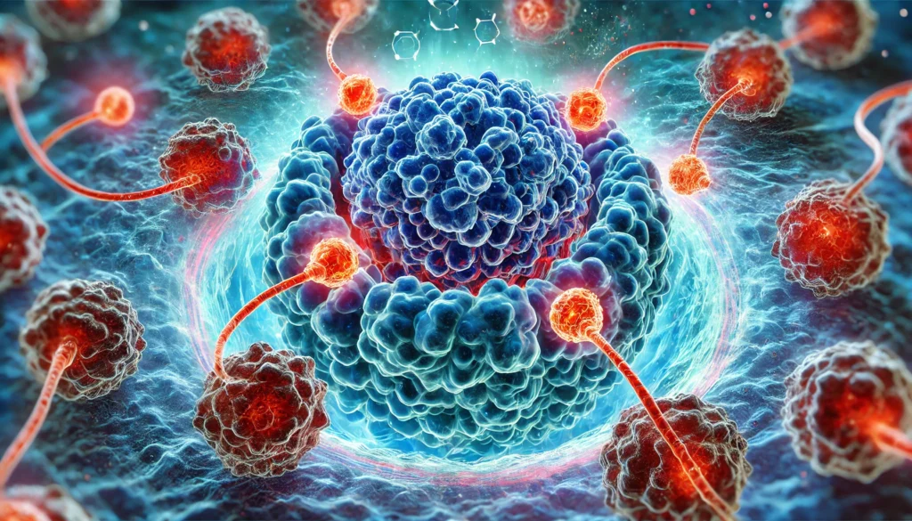 Artistic close-up of colon cancer cells being precisely targeted by glowing molecular therapy agents, symbolizing innovation in personalized bowel cancer treatment.