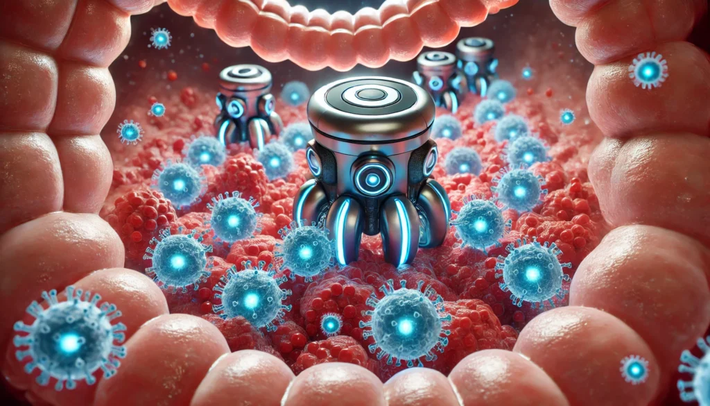 3D visualization of nanobots navigating the human colon and targeting cancerous cells with precision therapy, surrounded by healthy tissue in a high-tech biomedical environment.
