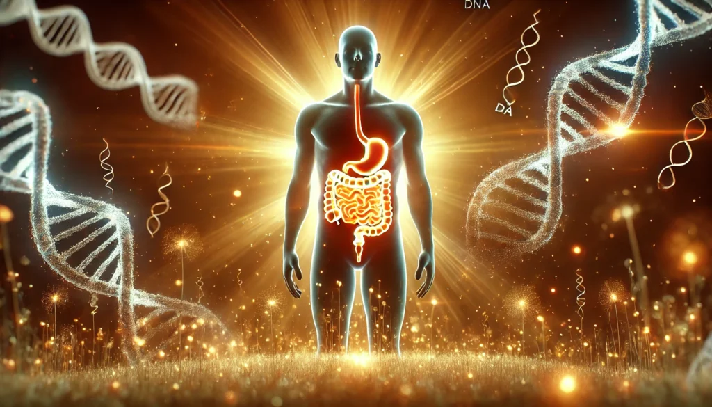 Symbolic depiction of hope in colon cancer treatment, featuring a glowing human figure with a highlighted colon and floating DNA strands in a serene, light-filled environment.