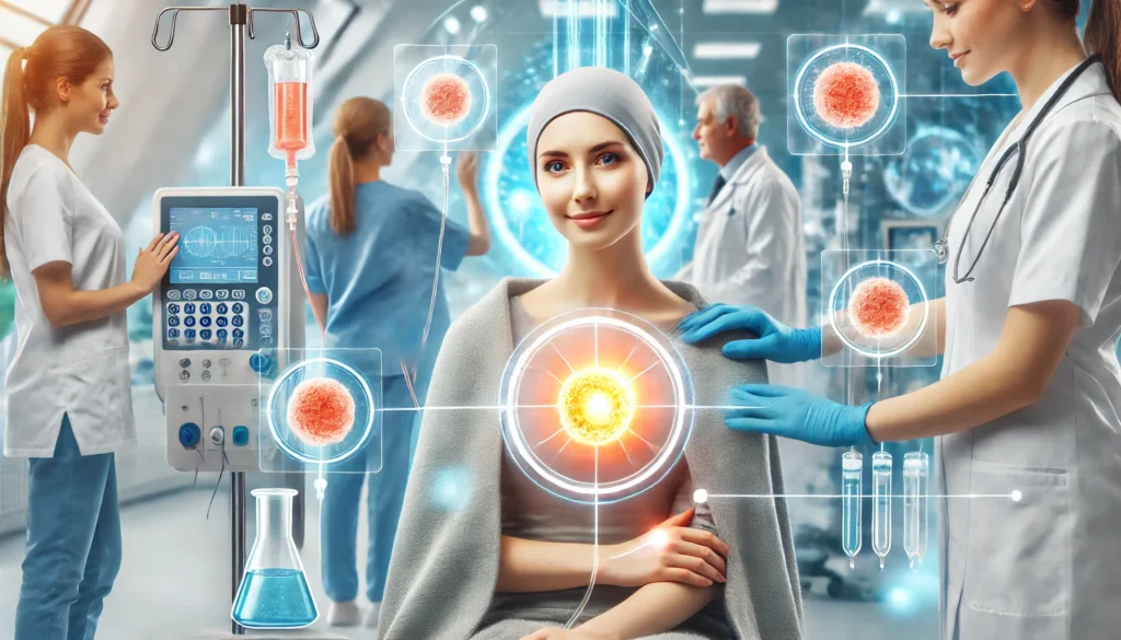 Hopeful cancer patient receiving targeted melanoma therapy in a modern clinical setting, attended by healthcare professionals amid advanced treatment equipment.