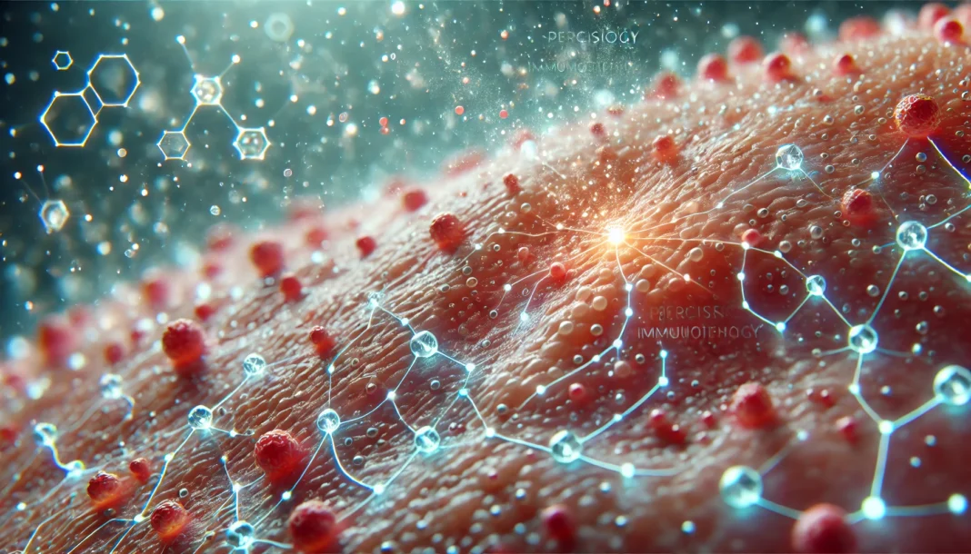 Digital close-up of skin layers showing nanotechnology targeting melanoma cells, symbolizing innovative precision immunotherapy against advanced skin cancer.