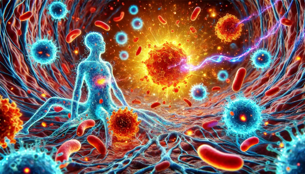 Artistic rendering of immune cells glowing as they attack melanoma cells in a vivid biological environment, symbolizing the effectiveness of immunotherapy for advanced skin cancer.