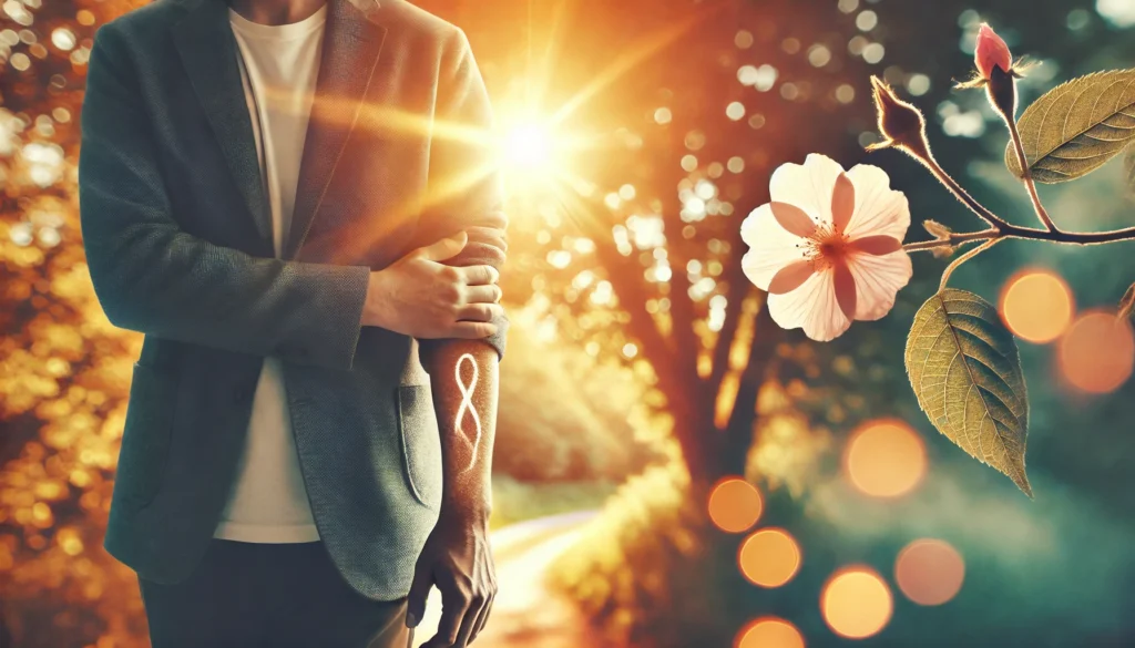 Melanoma survivor walking outdoors under sunlight with healed skin, surrounded by nature, representing recovery, hope, and life after successful skin cancer treatment.