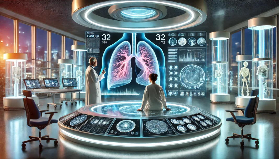 Futuristic cancer research lab with glowing medical devices and digital lung scans, showing an oncologist discussing advanced treatment with a patient in a high-tech, hopeful setting.