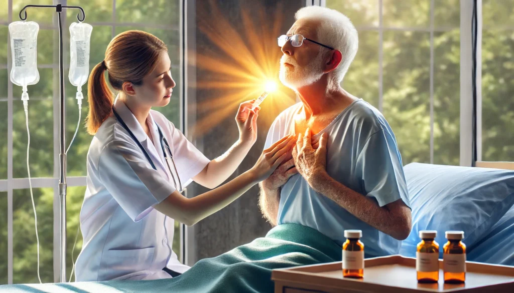 Elderly lung cancer patient receiving new medication in a bright hospital room, assisted by a caring nurse, symbolizing hope and progress in late-stage cancer care.