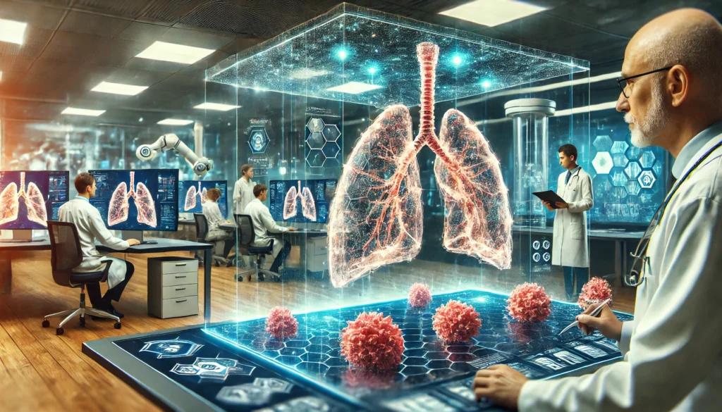Researchers analyzing lung cancer cells on digital screens in a modern cancer treatment center, with a floating 3D lung hologram illustrating cutting-edge breakthroughs.
