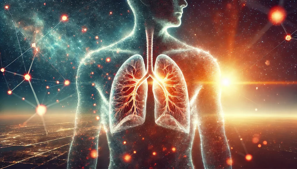 Transparent human torso highlighting healthy lungs post-treatment, surrounded by glowing particles and a bright horizon, representing healing and hope in stage 4 lung cancer recovery.