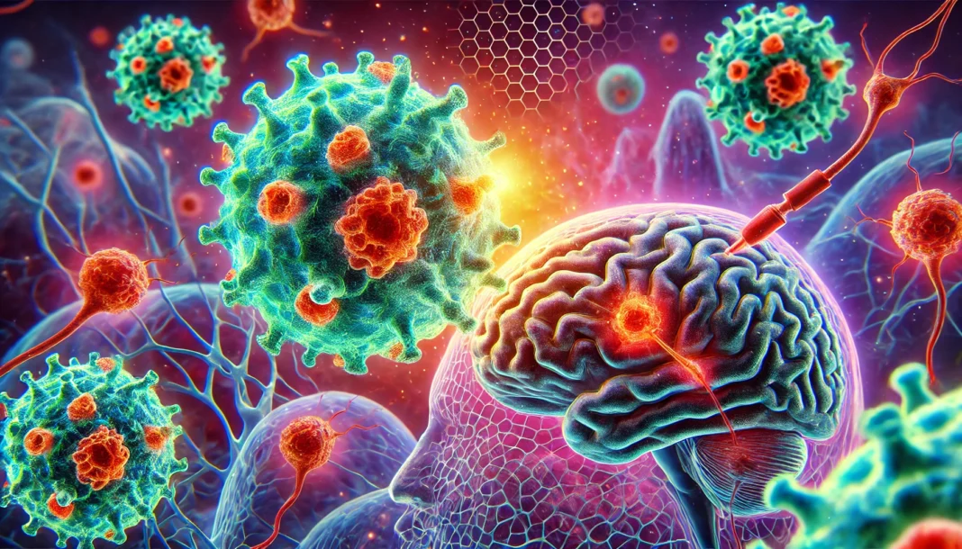 A conceptual 3D medical illustration of glowing CAR T-cells targeting glioblastoma tumor cells in the brain, with detailed neural tissue and a high-tech, scientific atmosphere representing breakthrough immunotherapy.