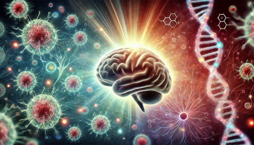 A symbolic image of a glowing human brain emerging from darkness with beams of healing light, surrounded by abstract cellular designs representing the transformative hope of CAR T-cell therapy for brain cancer.