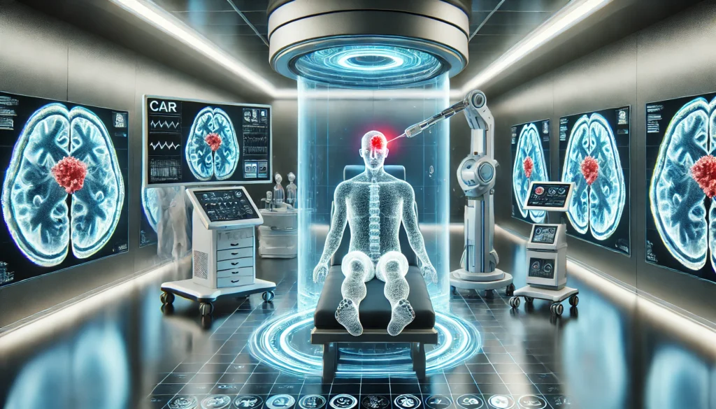 A futuristic scene of a patient receiving CAR T-cell therapy for glioblastoma in a high-tech treatment room, with advanced medical equipment scanning the brain and visual projections of immune response in action.