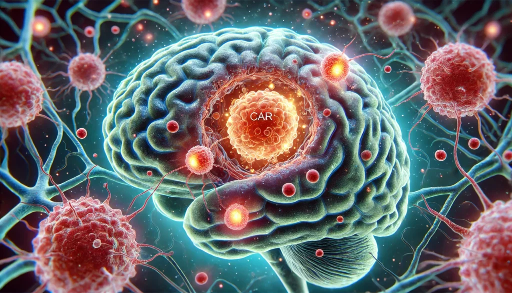 A realistic 3D rendering of the human brain showing glowing CAR T-cells attacking glioblastoma tumor cells within the tumor microenvironment, with detailed neural structures emphasizing cellular interaction and the promise of immunotherapy.