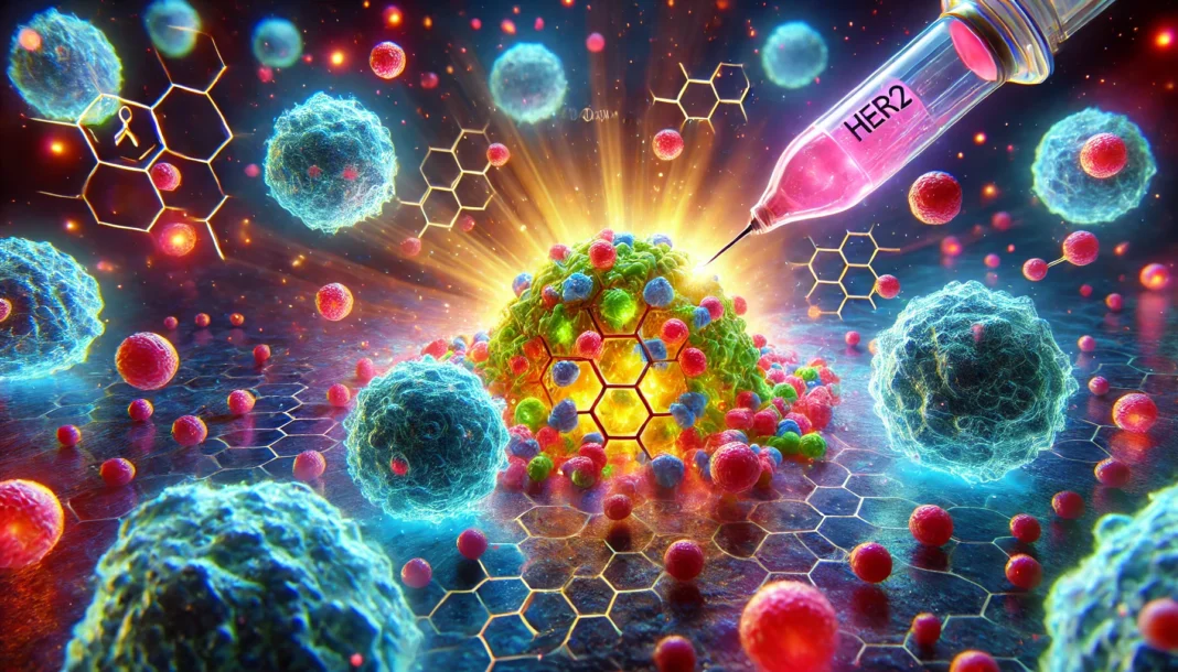 3D visual of HER2-positive breast cancer cells being attacked by antibody-drug conjugates, symbolizing precision medicine and targeted therapy advancements for triple positive patients.