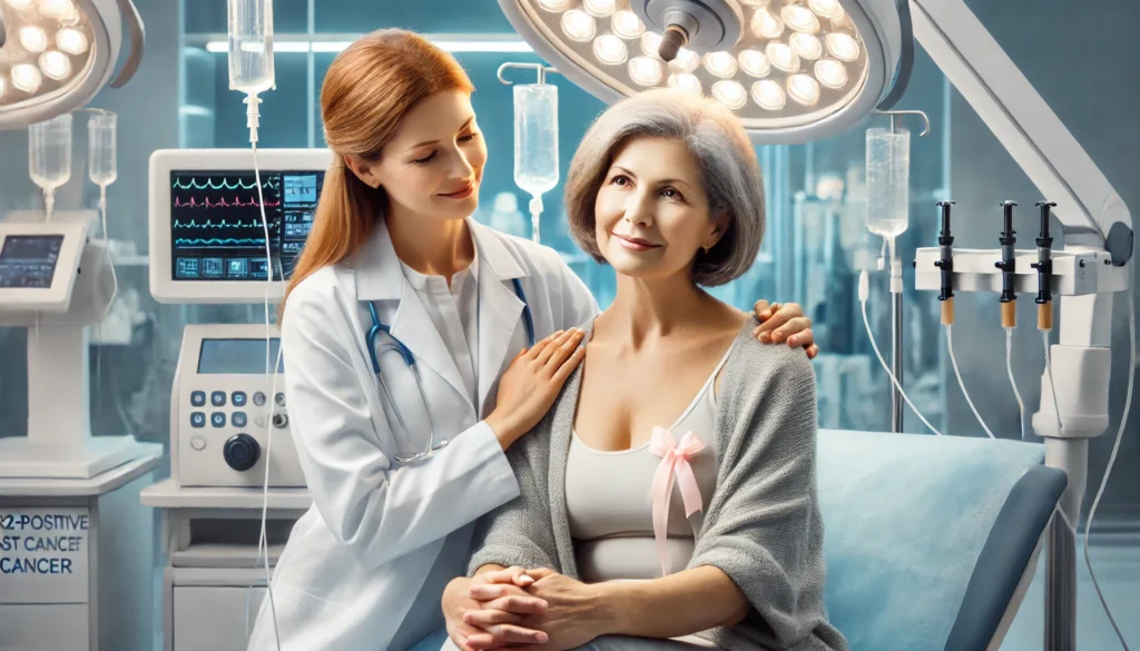 Middle-aged woman with HER2-positive breast cancer receiving breakthrough treatment in a modern oncology clinic, capturing emotional hope and progress in patient-centered cancer care.