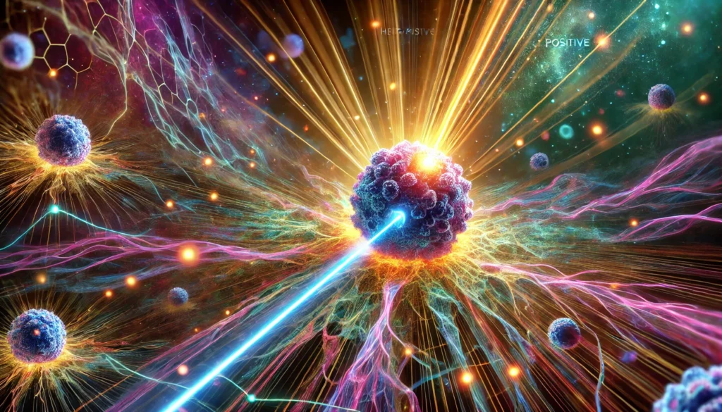 Abstract image of a glowing HER2-positive cancer cell being disrupted by targeted immunotherapy beams, representing cutting-edge precision oncology and future hope for triple positive breast cancer.