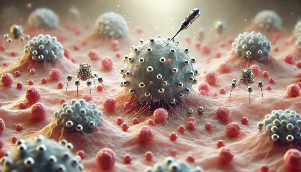 High-tech close-up of nanotechnology delivering targeted therapy to HER2-positive breast cancer cells, showing precision nanoparticles binding to receptors, representing innovation in advanced cancer treatment.